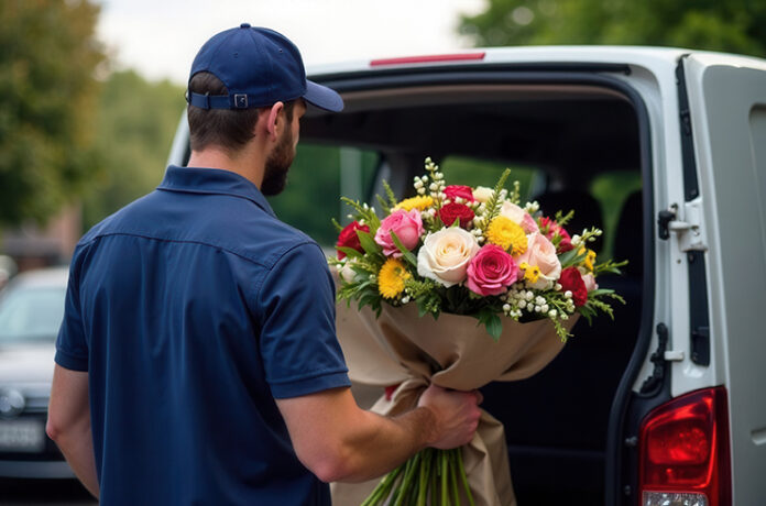 A flower deliverer in the city takes out a bouquet of flowers from a van full of flowers, flower delivery